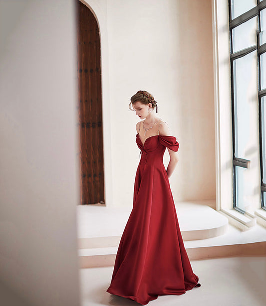 Burgundy satin long prom dress A line evening dress  10578