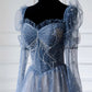 Blue tulle beads long prom dress A line evening dress  10402