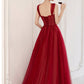 Burgundy tulle beads long prom dress evening dress  10604
