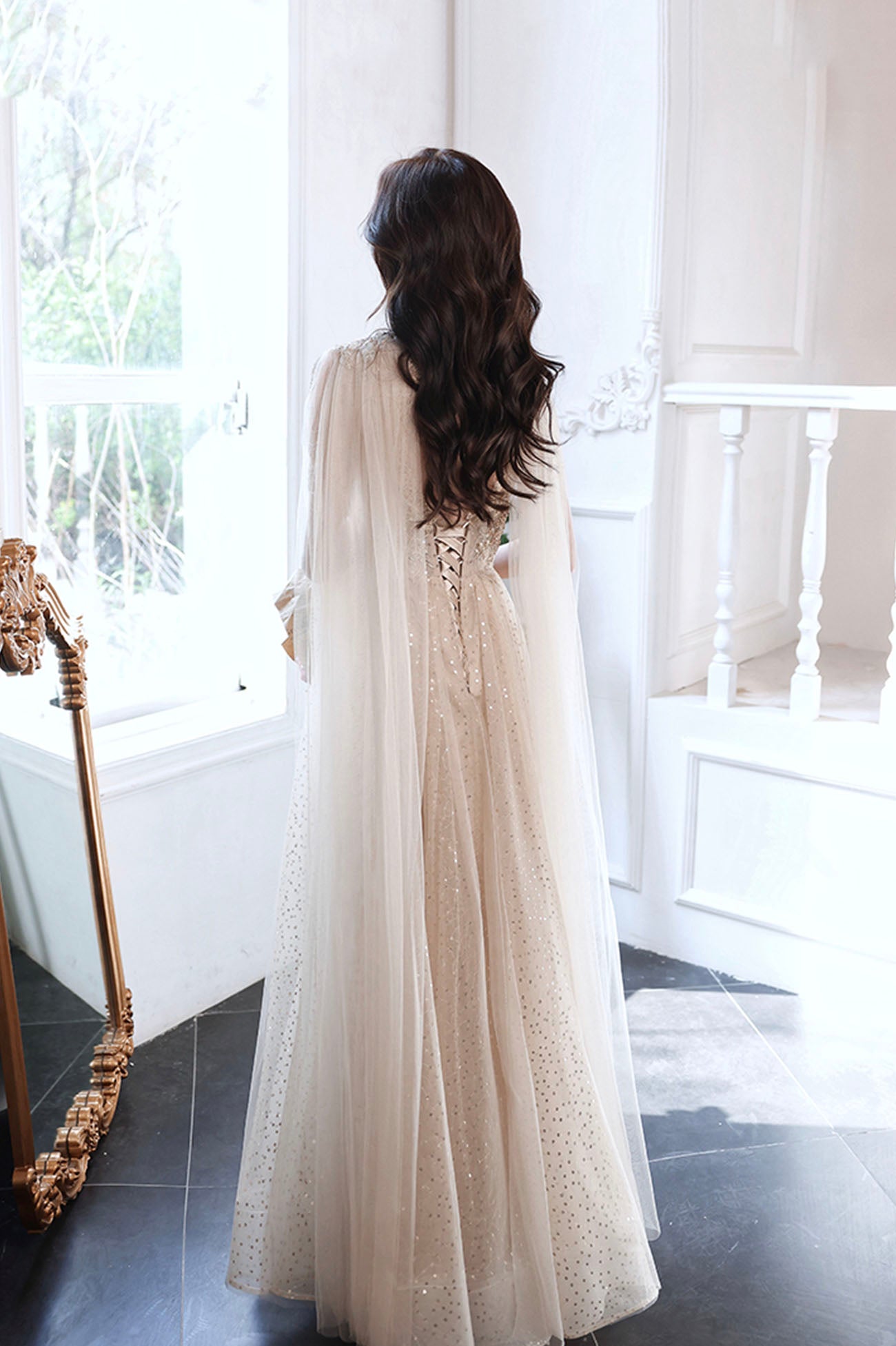 Robe de soirée longue en tulle à paillettes champagne 10605