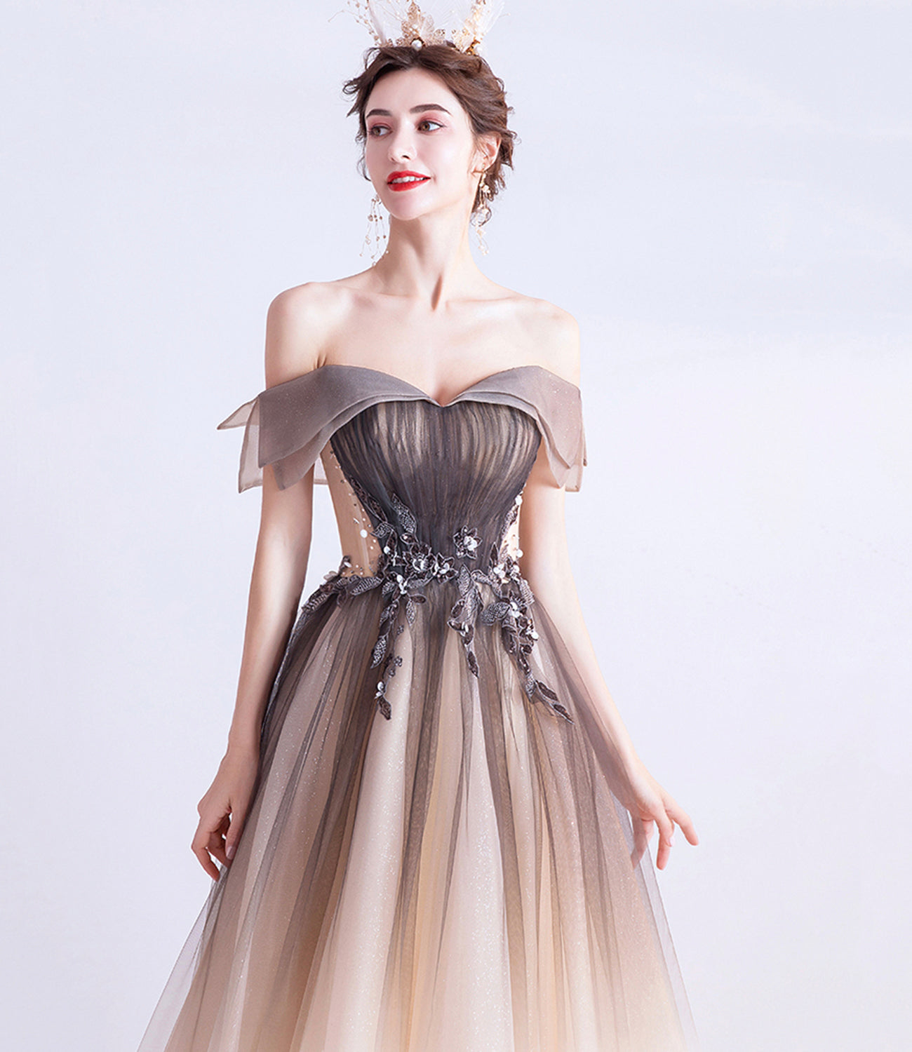 Cute tulle sequins long prom dress evening dress  10470