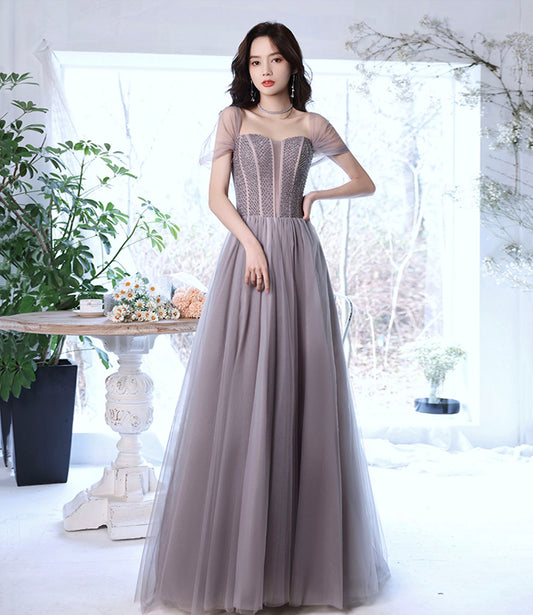 Cute tulle beads long prom dress A line evening gown  10319