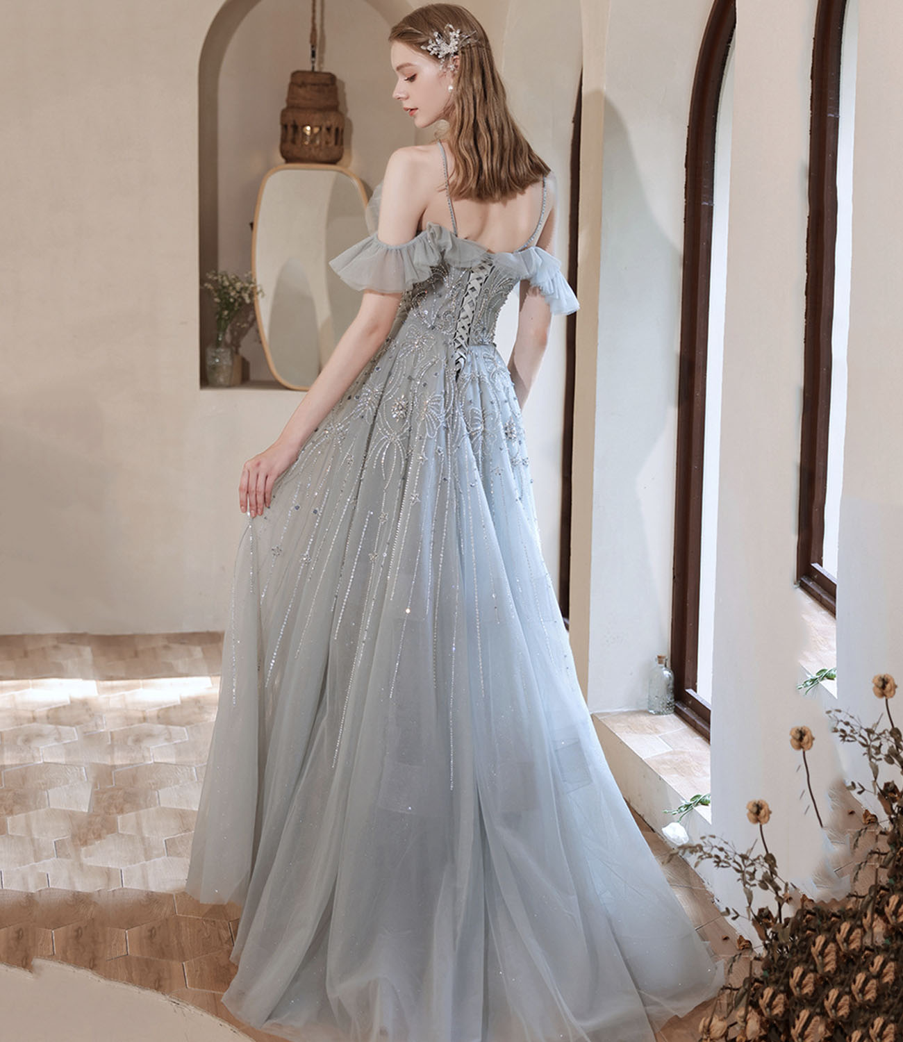 Gray tulle beads long prom dress A line evening dress  10425