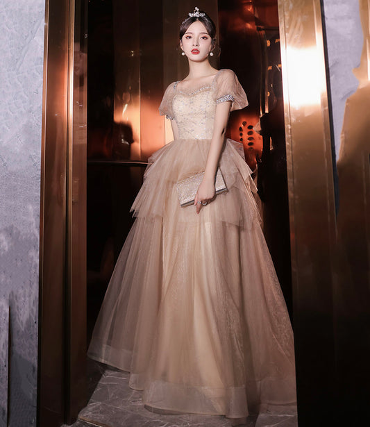 Cute tulle sequins long prom dress A line evening dress  10413