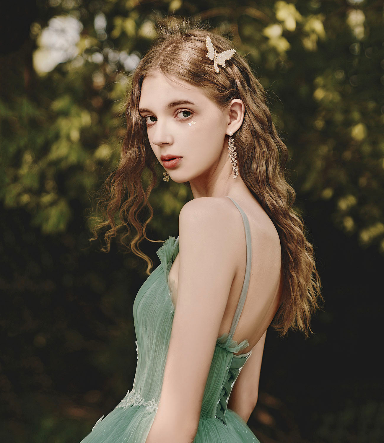 Green tulle lace long prom dress A line evening dress  10419