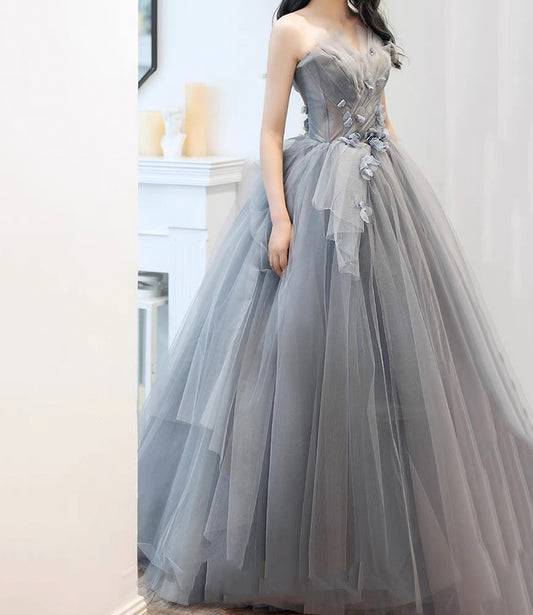 Gray tulle applique long prom dress A line evening gown  10485