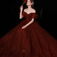 Burgundy tulle long prom dress A line evening gown  10439