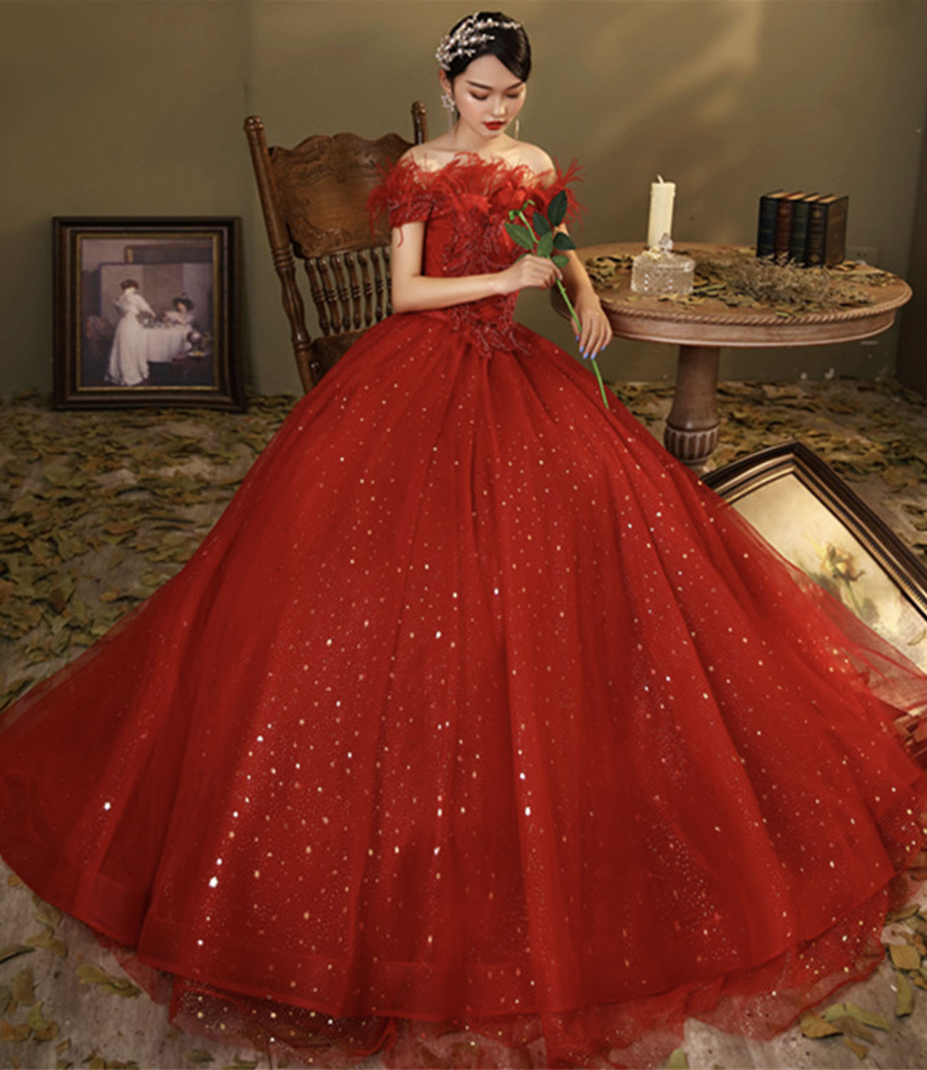 Red tulle sequins long ball gown dress A line evening dress  10324
