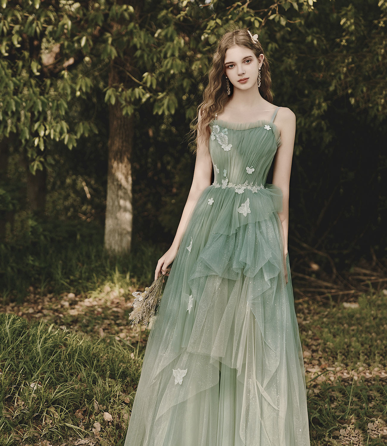 Green tulle lace long prom dress A line evening dress  10419