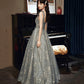 Gray tulle sequins A line prom dress gray evening dress  10433