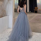 Blue tulle beads long prom dress blue evening dress  10453