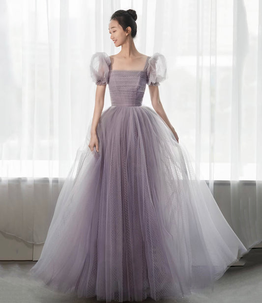 Purple tulle long prom dress A line evening gown  10308