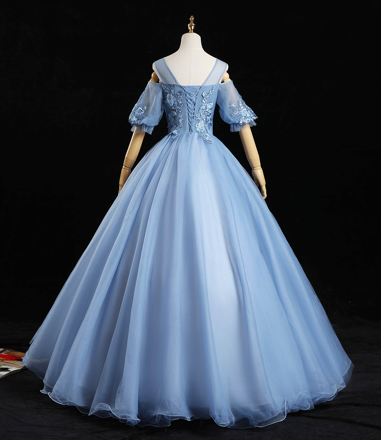 Blue tulle lace long prom dress A line evening dress  10457