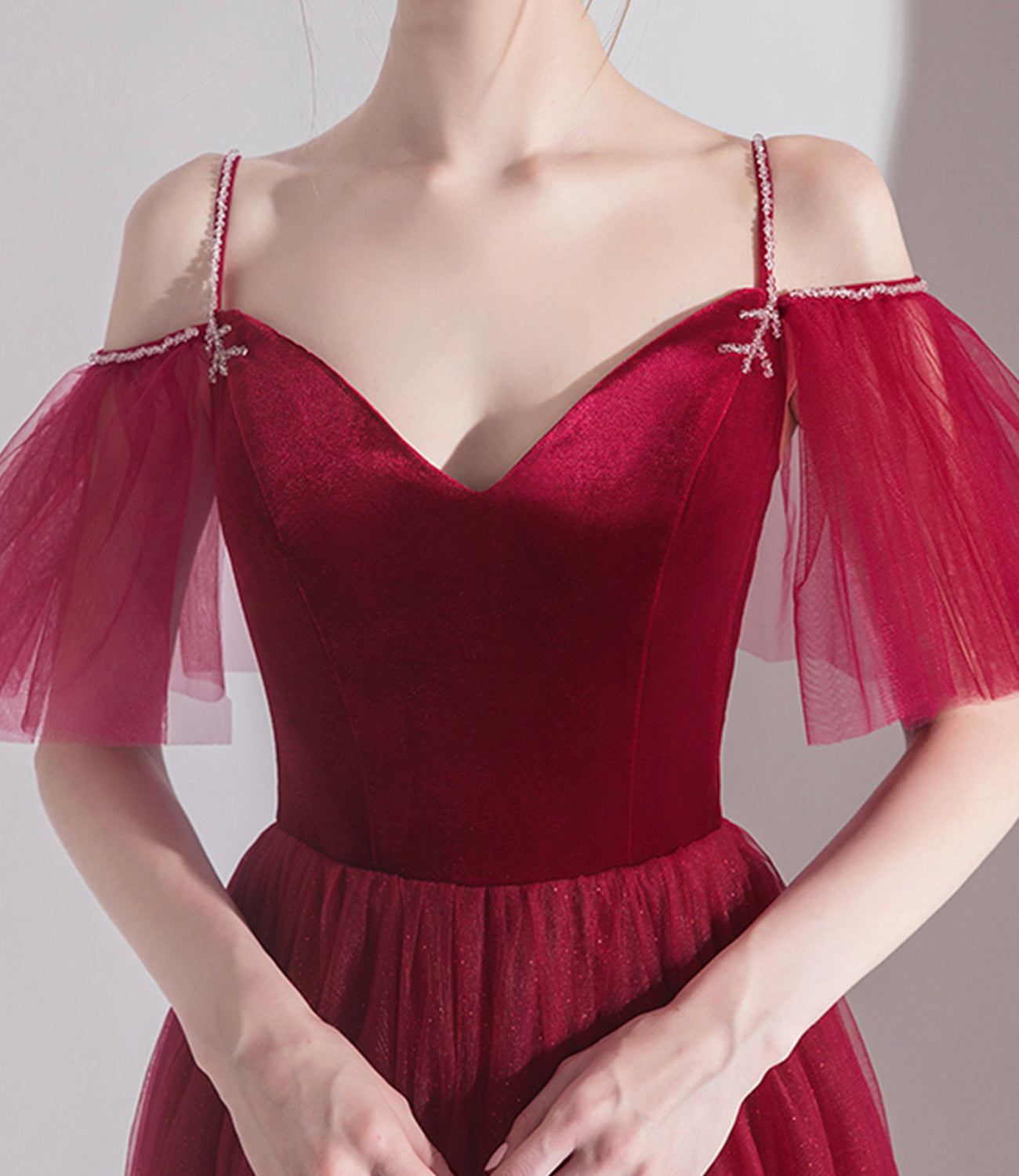 Bugundy velet tulle long prom dress A line evening dress  10553