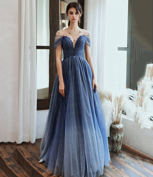 Blue tulle sequins long prom dress blue evening dress  10477