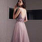 Purple tulle sequins long prom dress A line evening gown  10480
