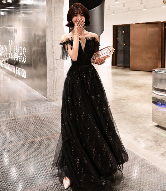 Black tulle long prom dress A line evening dress  10317
