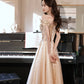 Champagne tulle lace long prom dress A line evening gown  10381
