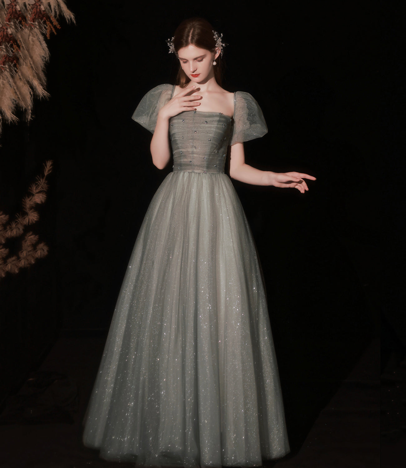 Cute tulle long prom dress A line evening gown  10372