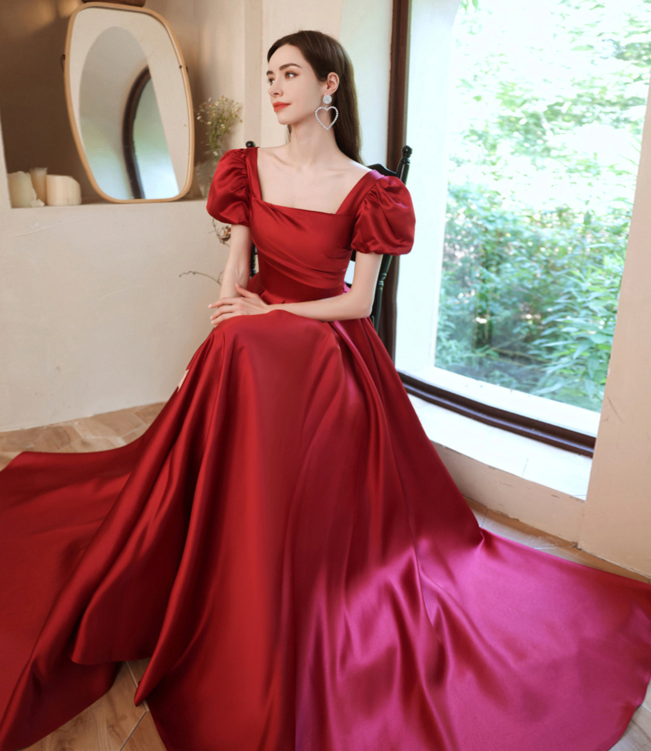 Langes A-Linien-Abschlussballkleid aus rotem Satin, rotes Abendkleid 10529