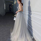 Gray tulle beads long prom dress A line evening dress  10409
