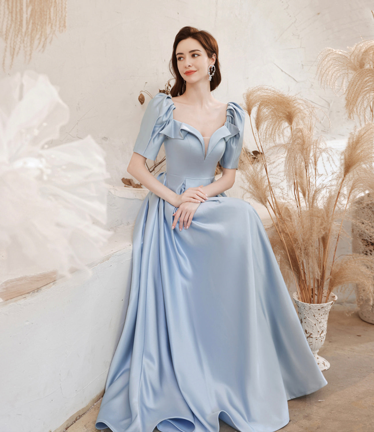 Cute satin long prom dress blue evening dress  10531
