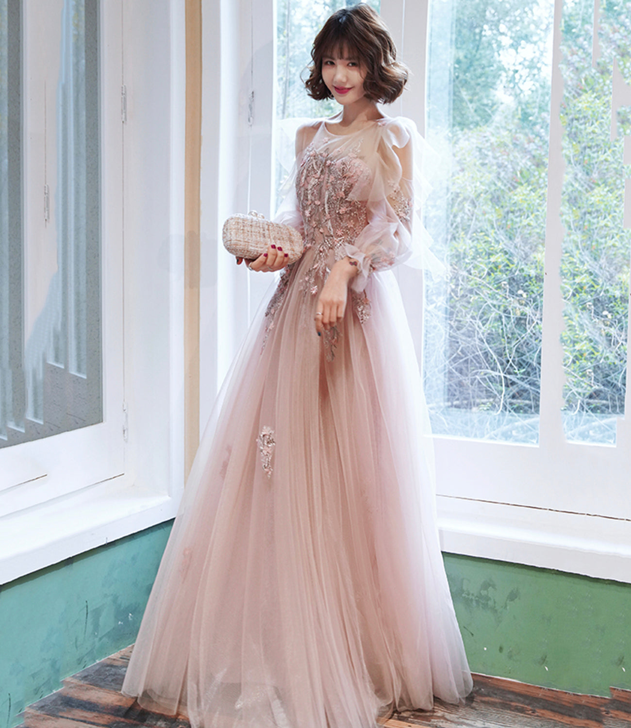 Pink tulle lace long prom dress pink evening dress  10267