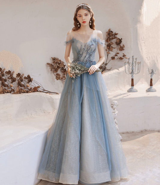 Robe de soirée longue en tulle bleu avec perles 10283