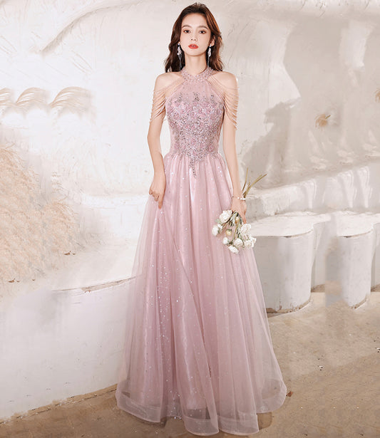 Robe de soirée longue en tulle rose avec perles 10299