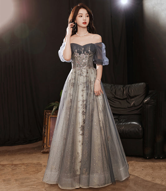 Gray tulle sequins long prom dress gray evening dress  10252