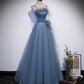 Blue satin tulle long prom dress A line evening dress  10268