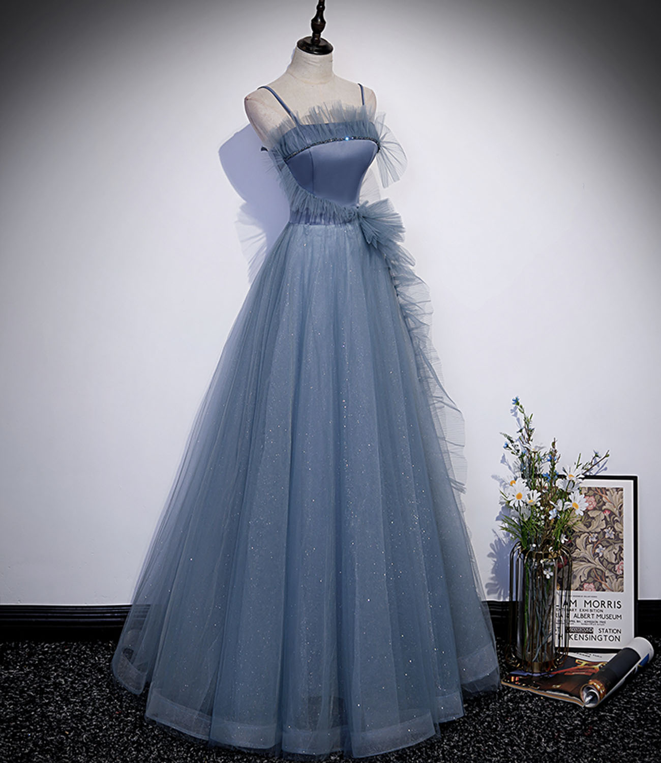 Blue satin tulle long prom dress A line evening dress  10268