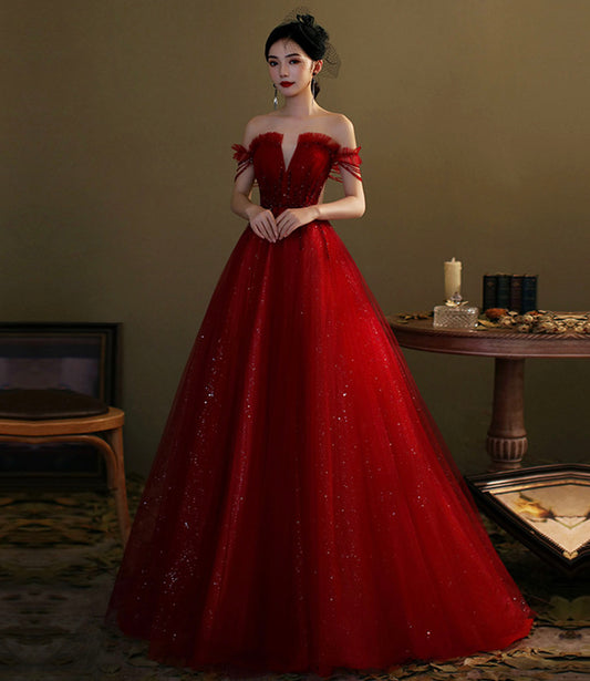 Robe de soirée longue en tulle rouge à paillettes 10276