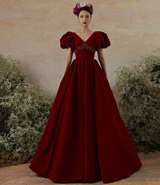 Burgundy velvet long prom dress evening gown  10239