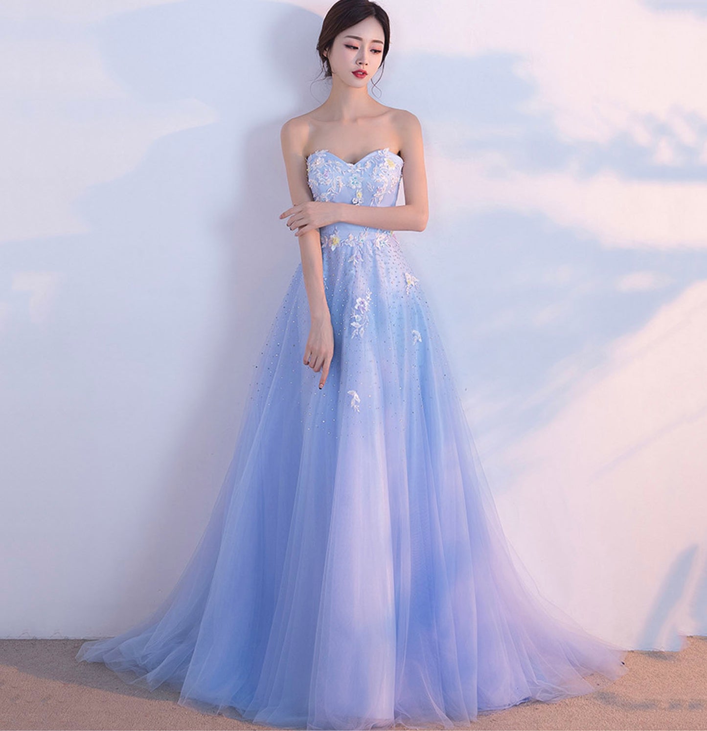 Blue tulle lace long prom dress blue evening gown  10211