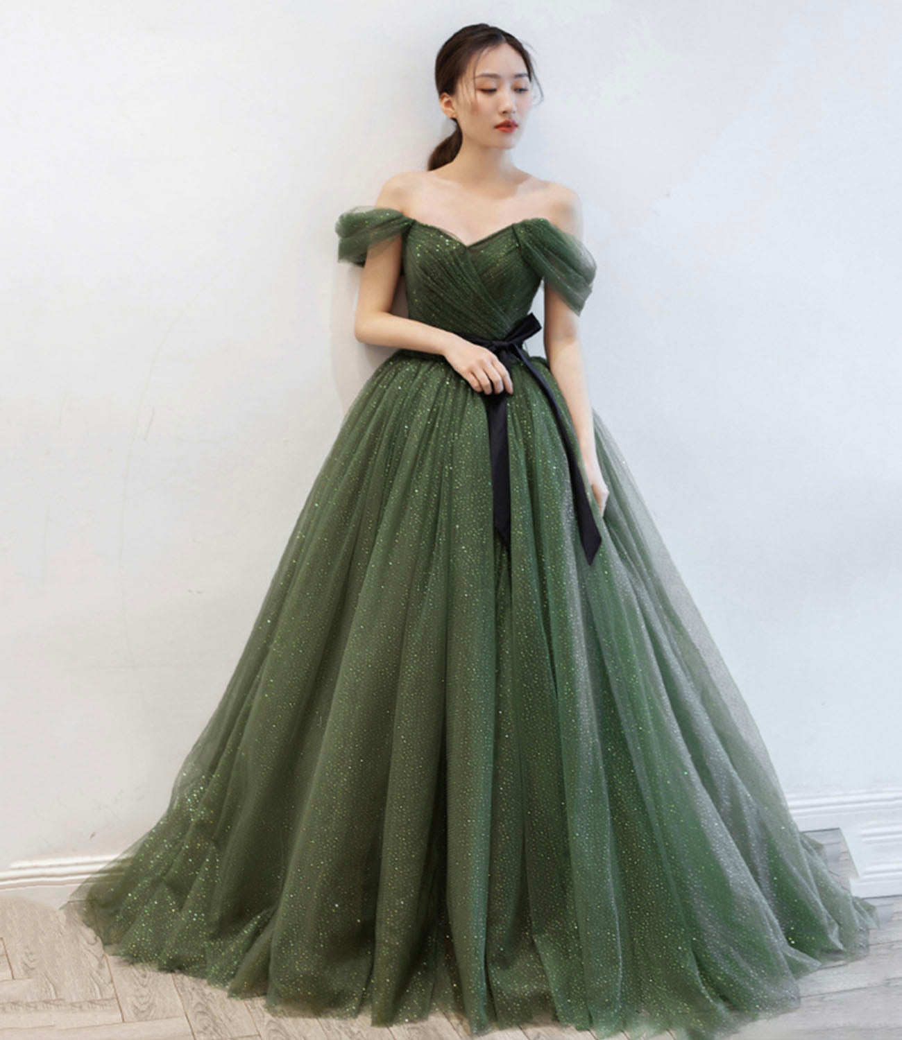 Green tulle long prom dress A line evening dress  10163