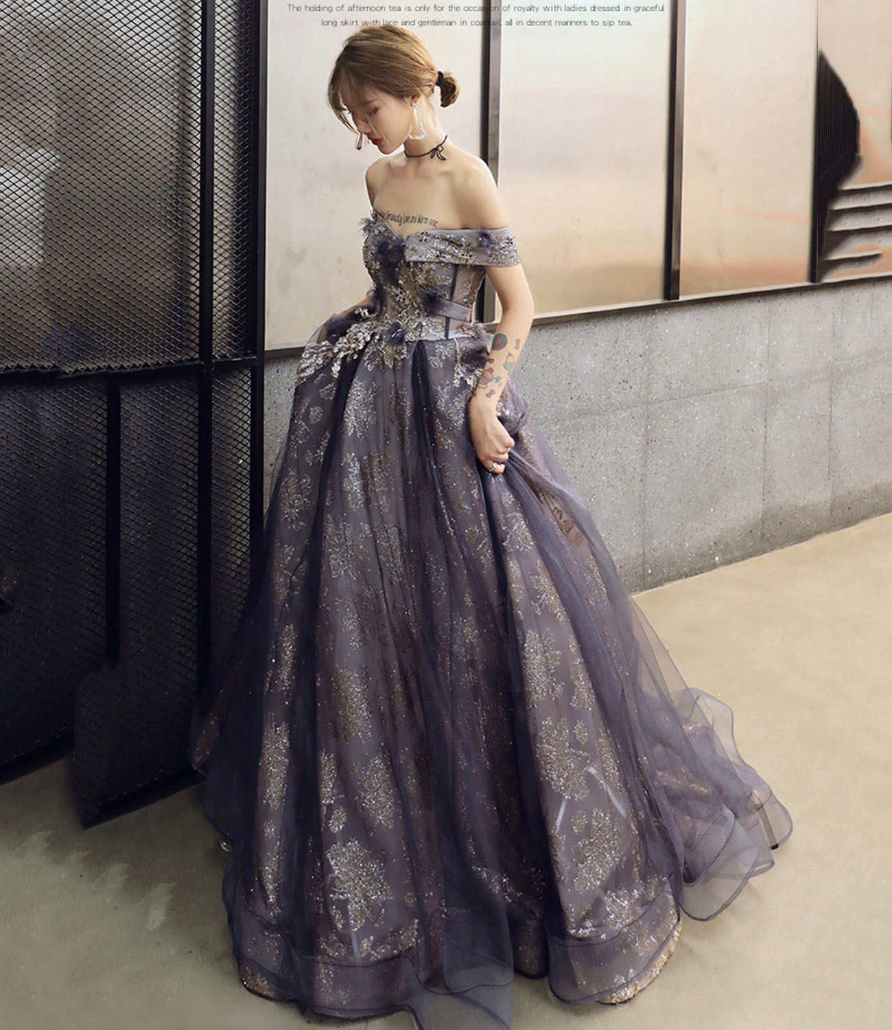 Purple tulle sequins long prom dress A line evening gown  10204