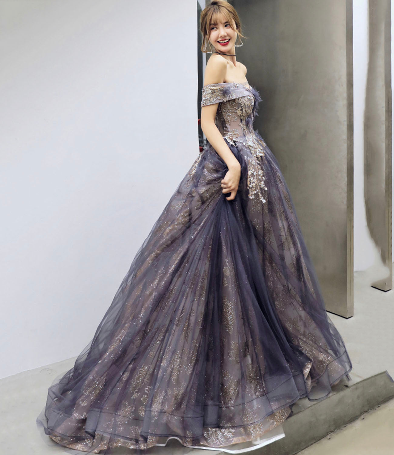 Purple tulle sequins long prom dress A line evening gown  10204