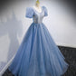 Blue tulle sequins long prom dress blue evening dress  10159