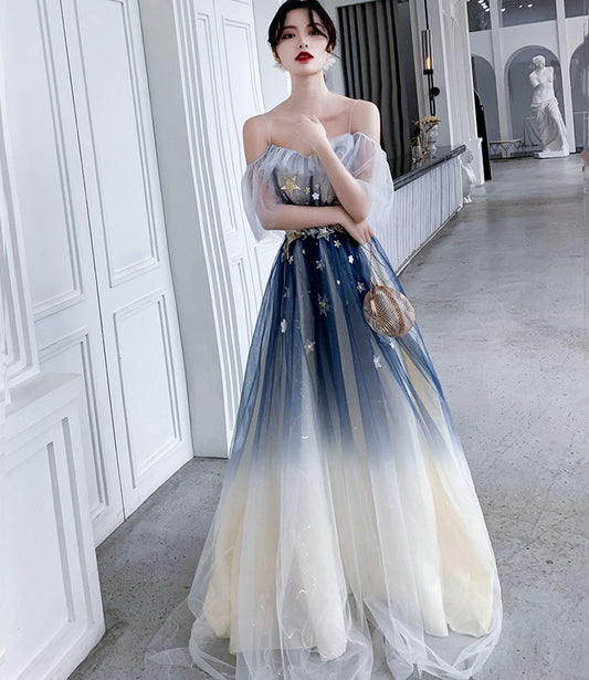 Blue tulle sequins long prom dress blue evening dress  10203