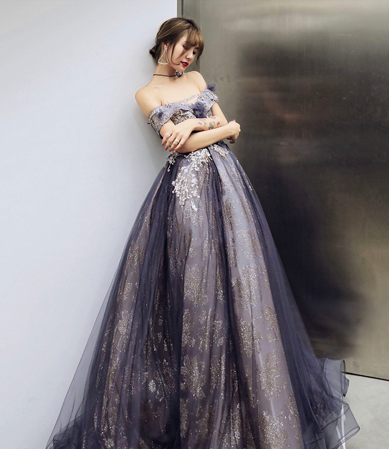 Purple tulle sequins long prom dress A line evening gown  10204