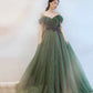 Green tulle long prom dress A line evening dress  10163