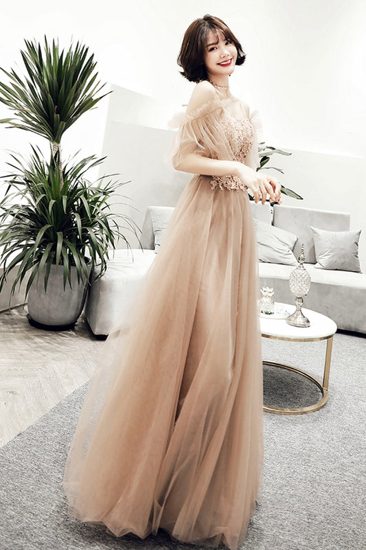 Cute tulle lace long prom dress A line evening dress  10167