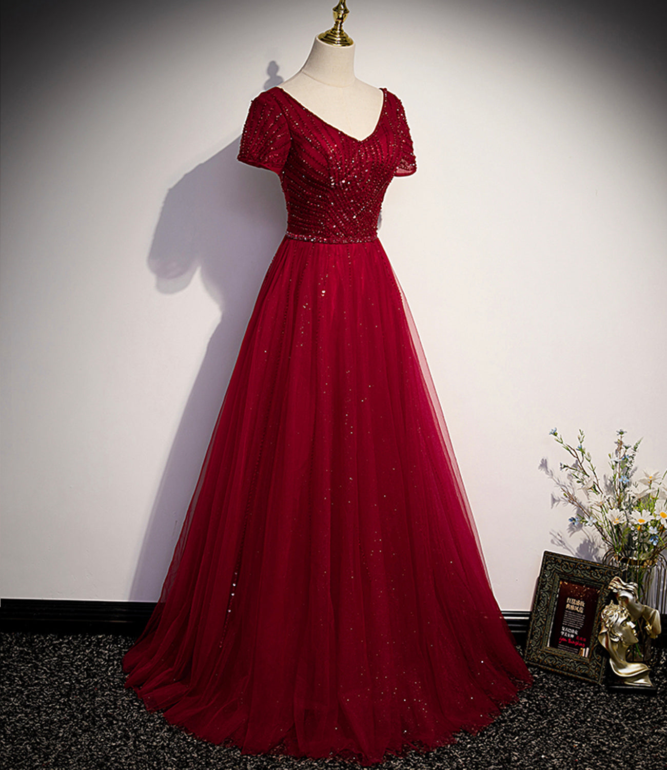Burgundy tulle beads long ball gown dress formal dress  10141