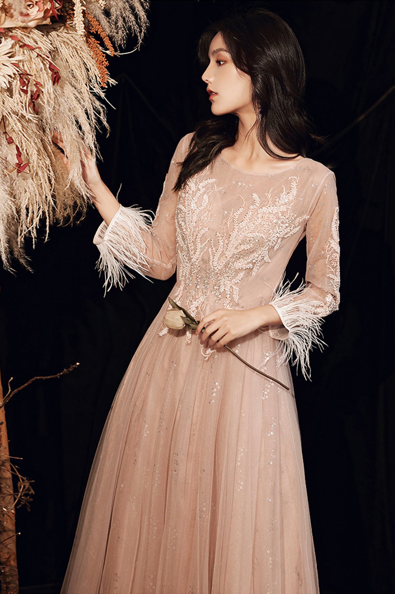 Stylish tulle lace long prom dress long sleeve evening dress  10176