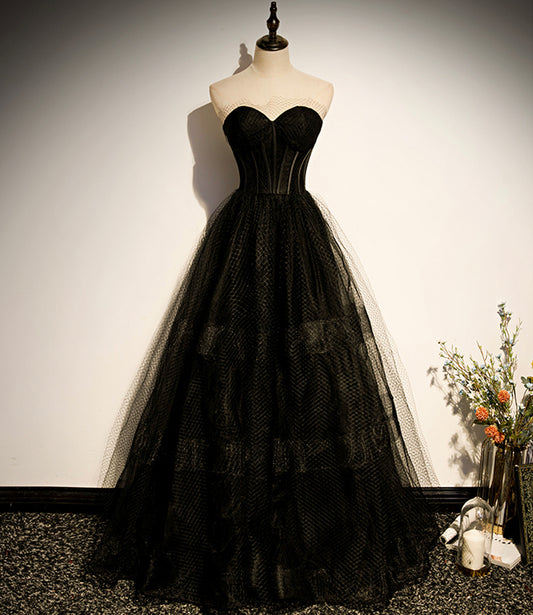 Black tulle long A line prom dress black evening dress  8830