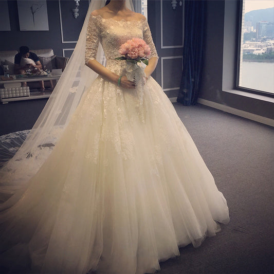 White tulle lace long ball gown dress evening gown  10084