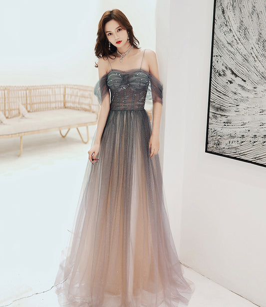 Cute tulle sequins long prom dress evening gown  10055