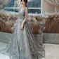 Gray tulle sequins long prom dress evening gown  10121