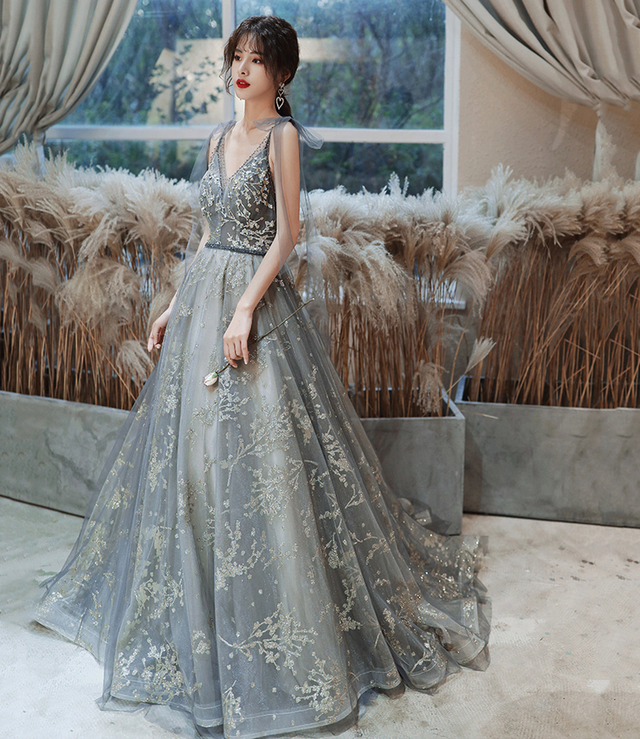 Gray tulle sequins long prom dress evening gown  10121
